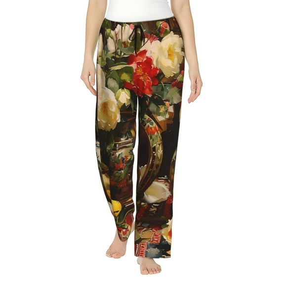 Pofeuu Elegant Still Life Roses Print Women's Fashion Pajama Pants with Pockets Comfy Drawstring Sleep Lounge Bottoms-Medium