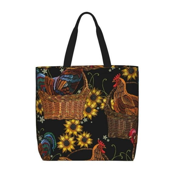Pofeuu Embroidery Chicken Rooster Print Tote Bag for Women,Hobo HandBags with Zipper,Large Capacity Casual Shoulder Handbags with Inner Pockets