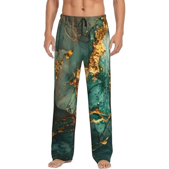 Pofeuu Emerald Color Gold Marble Print Men's Pajama Pants, Soft Lounge Pajama Pants with big pockets for Men Plaid Pj Bottoms-X-Large