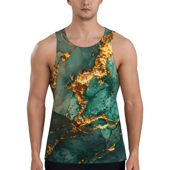 Pofeuu Emerald Color Gold Marble Print Men's Workout Tank Tops Sleeveless Muscle Gym Shirt Quick Dry-4X-Large