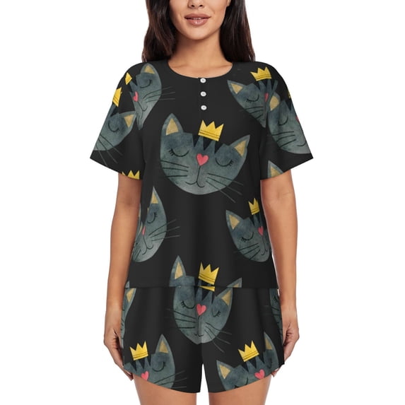 Pofeuu Faces Of The Cat Print Women's Pajama Set Short/Shorts Soft Button PJs Elastic Drawstring Waist Sleepwear-3X-Large