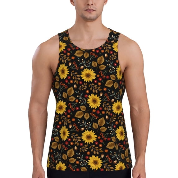 Pofeuu Fall Daisy Leaf Print Men's Workout Tank Tops Sleeveless Muscle Gym Shirt Quick Dry-4X-Large