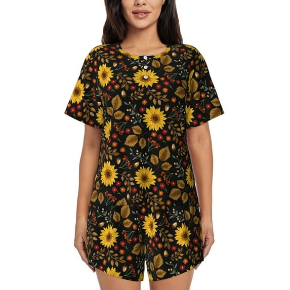 Pofeuu Fall Daisy Leaf Print Women's Pajama Set Short/Shorts Soft Button PJs Elastic Drawstring Waist Sleepwear-X-Large