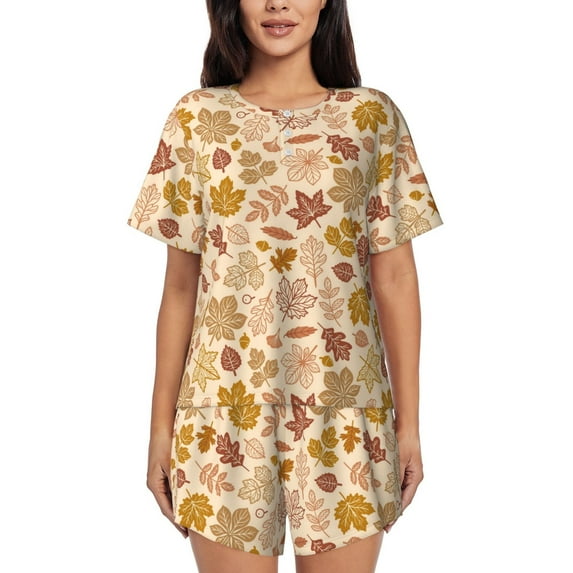 Pofeuu Fall Leaves Print Women's Pajama Set Short/Shorts Soft Button PJs Elastic Drawstring Waist Sleepwear-Small