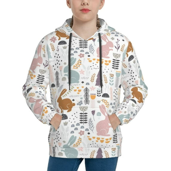 Pofeuu Fall Rabbit Print Kids Pullover Hoodies Warm Thick Hooded Sweatshirt with Packet for Boys Girls-Small