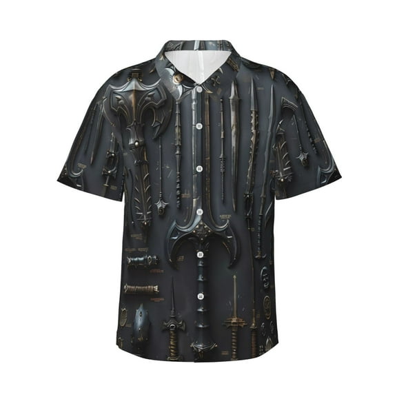 Pofeuu Fantasy Medieval Weaponry Print Hawaiian Shirt for Men Sleeves Casual Button Down Summer Beach Dress Shirts T-Shirts,XX-Large