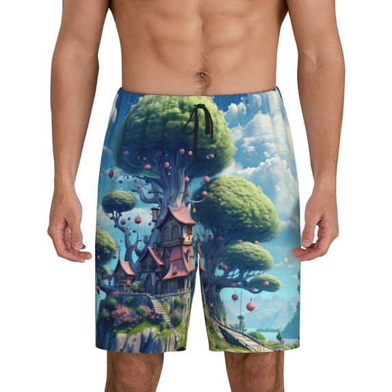Pofeuu Fantasy Treehouse Planet Scene Print Men's Soft Woven Elastic Waistband Sleep Pajama Short-X-Large