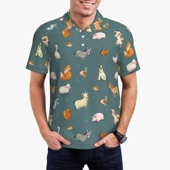 Pofeuu Farm Animal Print Men's Loose Fit Midweight Short-Sleeve Pocket Polo-Medium