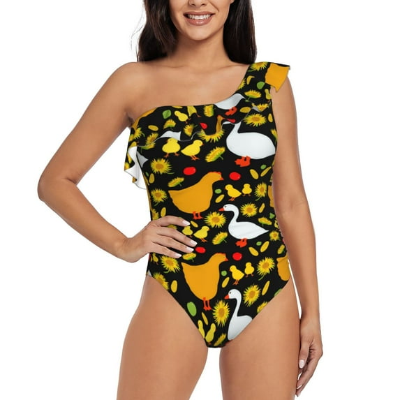 Pofeuu Farm Goose Print Women's One Piece Swimsuits One Shoulder Swimwear Asymmetric Ruffle Monokinis Bathing Suits-XX-Large