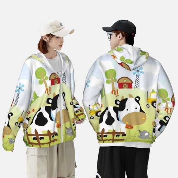 Pofeuu Farmfield with Cute Animals Print Sun Protection Outdoor Lightweight Full Zip UV Cooling Hoodie Long Sleeve Summer Clothing for Outdoor Hiking-Large