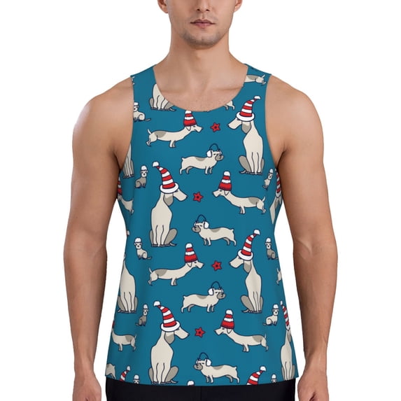 Pofeuu Festive Dachshund Fun Print Men's Workout Tank Tops Sleeveless Muscle Gym Shirt Quick Dry-3X-Large