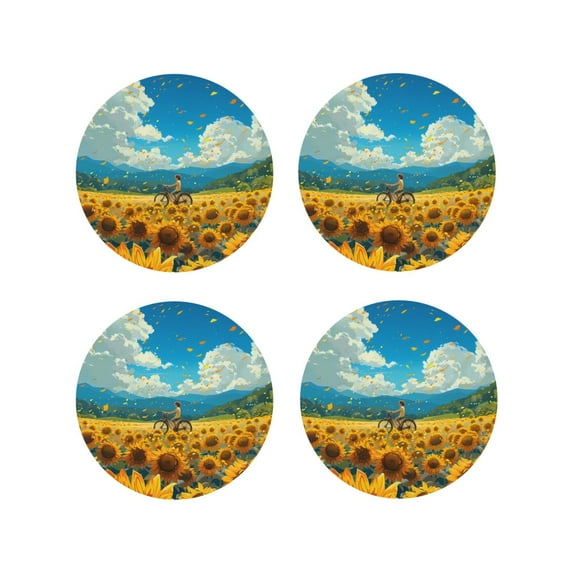 Pofeuu Field Bicycle Young Sunflower Print Coasters for Drinks, 4Pack PU Leather Coasters, Bar Drink Coasters for Tabletop Protection, Furniture from Damage-Round Shape