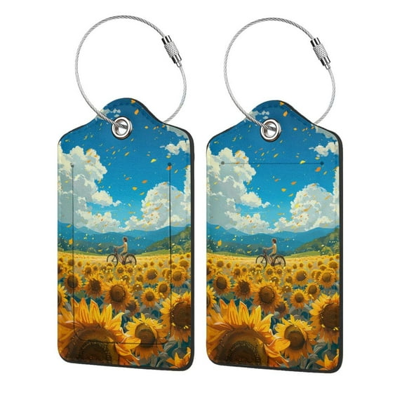 Pofeuu Field Bicycle Young Sunflower Print Luggage Tags, Privacy Cover ID Label with Stainless Steel Loop and Address Card for Travel Bag Suitcase-4 PCS