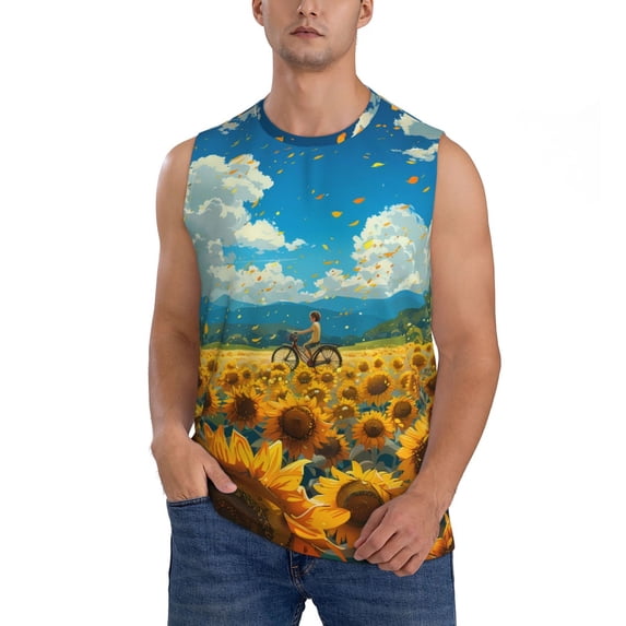Pofeuu Field Bicycle Young Sunflower Print Men's Muscle T-Shirt, Sleeveless, Muscle Tank, Classic Muscle Tee Top For Men Casual Sleeveless Muscle T-Shirt Trendy Clothes-X-Large