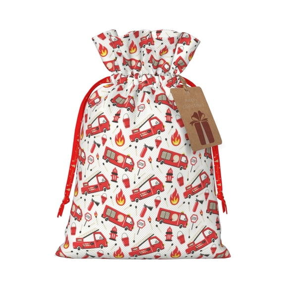 Pofeuu Fire Truck Print Burlap Bags with Drawstrings Drawstring Gift Bags Pouch Bag for Thankgiving Birthday Party Gift Wrapping Treats and Party Favors-Small