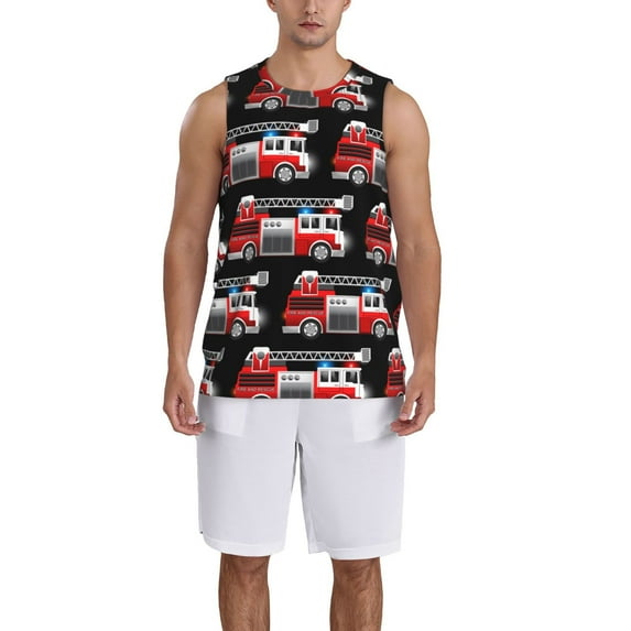 Pofeuu Fire and Rescue Truck Print Basketball Jersey, Shirts for Men Youth Basketball Jersey Crew Neck-Large