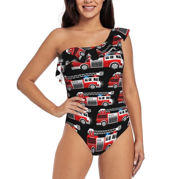 Pofeuu Fire and Rescue Truck Print Women's One Piece Swimsuits One Shoulder Swimwear Asymmetric Ruffle Monokinis Bathing Suits-Medium