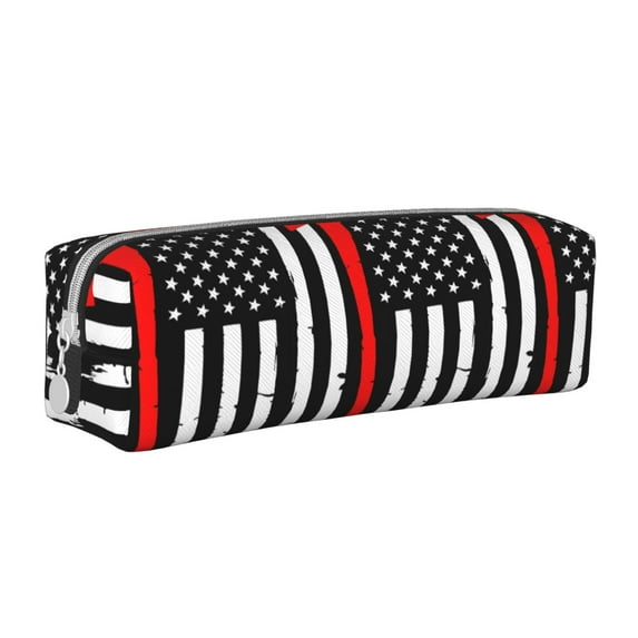 Pofeuu Firefighters USA Flag Print Leather Pencil Case, Leather Pencil Pouch Large Capacity, Big Pencil Pouch with Zipper Vintage Pen Bag Fountain Pen Holder