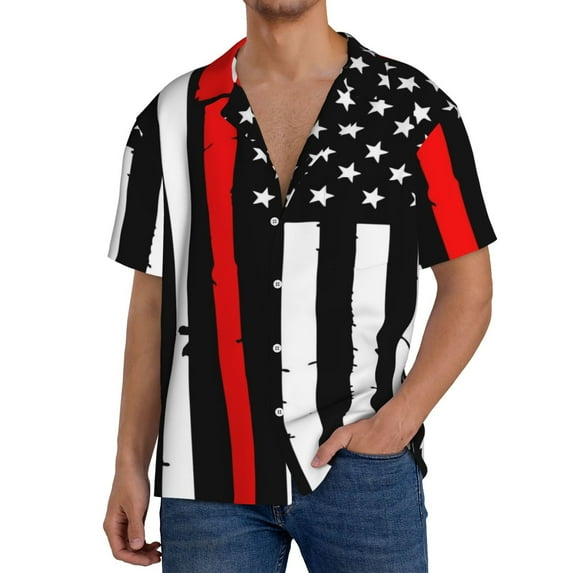 Pofeuu Firefighters USA Flag Print Mens Casual Short Sleeve Shirts Beach Summer Spread Collar Pocket Tops Men's Casual Short-sleeved Shirt-Medium