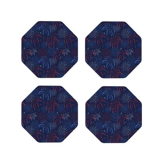 Pofeuu Firework Print Coasters for Drinks, 4Pack PU Leather Coasters, Bar Drink Coasters for Tabletop Protection, Furniture from Damage-Octagon