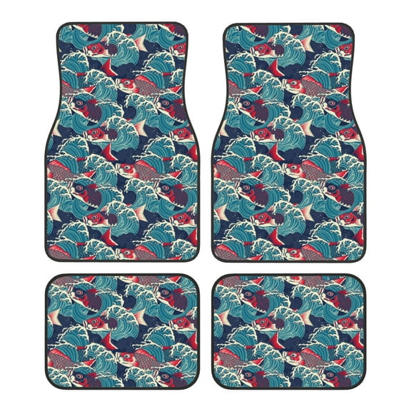 Pofeuu Fish In The Wave Print Car Foot Mat Set of 4 Pieces - All-Weather Full Set Floor Mats for Cars Trucks SUVs