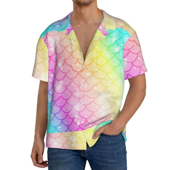 Pofeuu Fish Scale Print Mens Casual Short Sleeve Shirts Beach Summer Spread Collar Pocket Tops Men's Casual Short-sleeved Shirt-XX-Large