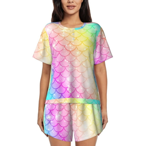 Pofeuu Fish Scale Print Women's Pajama Set Short/Shorts Soft Button PJs Elastic Drawstring Waist Sleepwear-Large