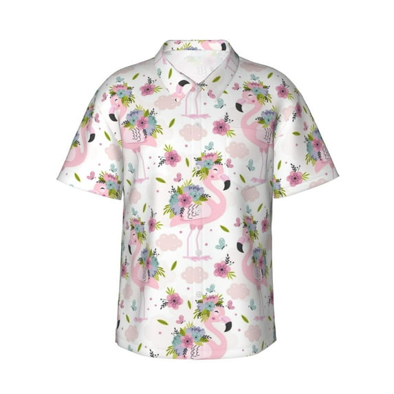 Pofeuu Flamingo And Flowers Print Hawaiian Shirt for Men Sleeves Casual Button Down Summer Beach Dress Shirts T-Shirts,Medium