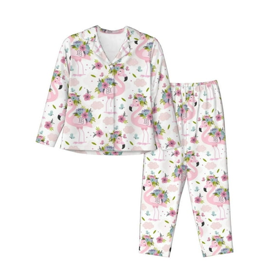 Pofeuu Flamingo And Flowers Print Womens Pajamas Set Long Sleeve Sleepwear Button Down Nightwear Soft Pj Lounge Sets Button Down Pajamas Women-Small