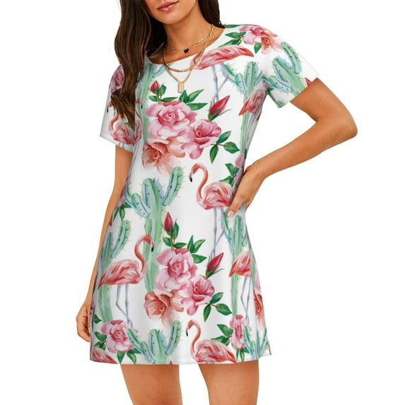Pofeuu Flamingo Flower Print Women's Loose Fit Short Sleeve Nightgown, Comfortable Sleep Dress for Women, Casual Lounge Sleepwear, Soft Cotton Sleep Dress