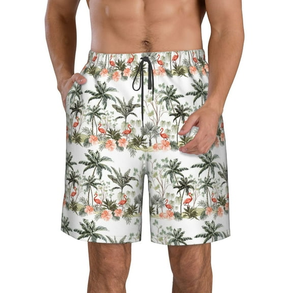 Pofeuu Flamingo Palm Trees Prin Men's Swim Trunks Quick Dry Bathing Suit Swimming Board Shorts Mesh Lining Beach Swimwear-Medium