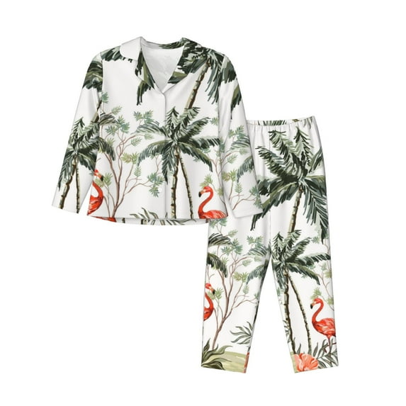 Pofeuu Flamingo Palm Trees Print Womens Pajamas Set Long Sleeve Sleepwear Button Down Nightwear Soft Pj Lounge Sets Button Down Pajamas Women-XX-Large