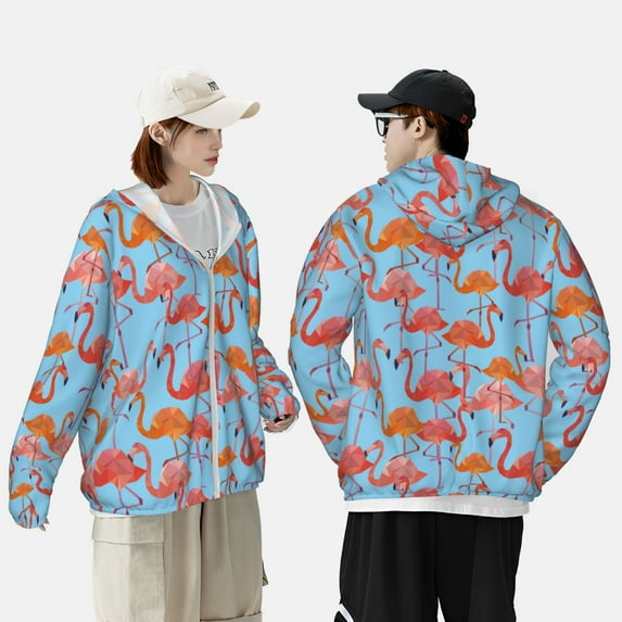 Pofeuu Flamingo Print Sun Protection Outdoor Lightweight Full Zip UV Cooling Hoodie Long Sleeve Summer Clothing for Outdoor Hiking-Small