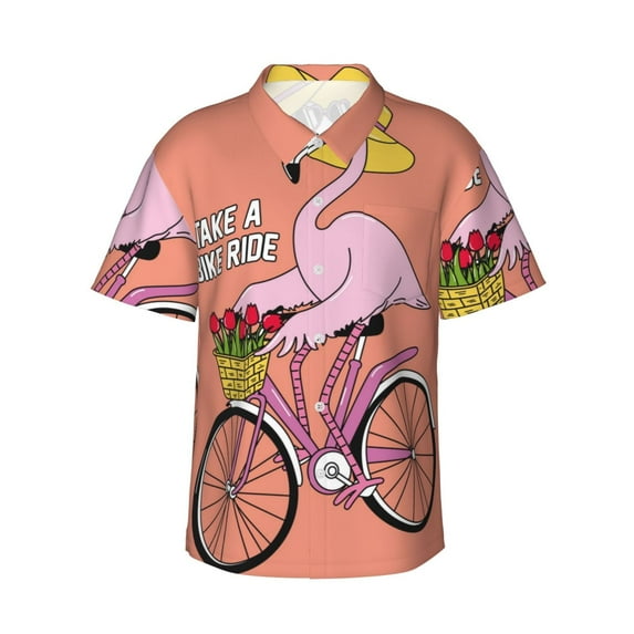 Pofeuu Flamingo Riding a Bicycle Print Hawaiian Shirt for Men Sleeves Casual Button Down Summer Beach Dress Shirts T-Shirts,X-Large