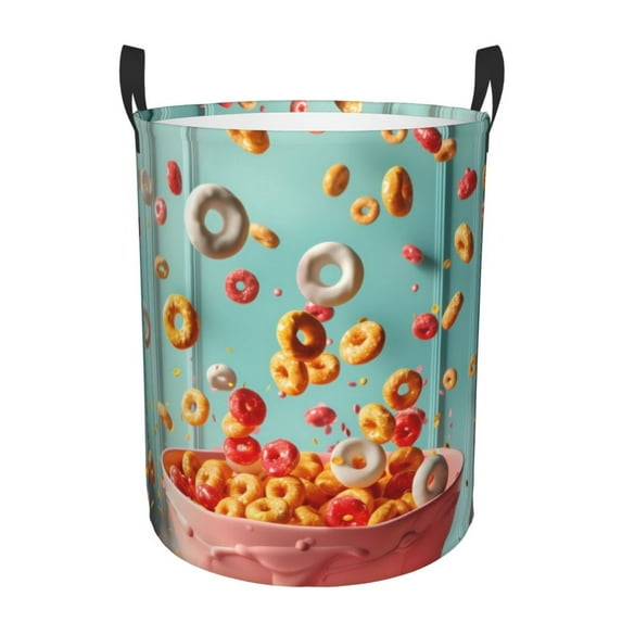 Pofeuu Floating Colorful Cereal Print Laundry Basket Circular Laundry Hamper with Handle Waterproof Oxford Fabric Foldable Dirty Clothes Storage Bucket Gift Storage Basket-Small