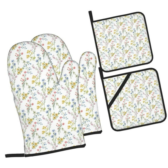 Pofeuu Floral Print Oven Mitts and Pot Holders 4 pcs Set,High Heat Resistant 500 Degree Extra Thicken Long Kitchen Cotton Oven Glove for Cooking