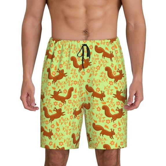 Pofeuu Floral Squirrel Print Men's Soft Woven Elastic Waistband Sleep Pajama Short-Large