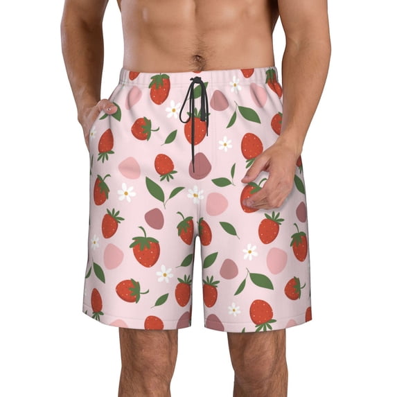 Pofeuu Floral Strawberr Prin Men's Swim Trunks Quick Dry Bathing Suit Swimming Board Shorts Mesh Lining Beach Swimwear-Medium