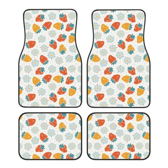 Pofeuu Floral Strawberr Print Car Foot Mat Set of 4 Pieces - All-Weather Full Set Floor Mats for Cars Trucks SUVs
