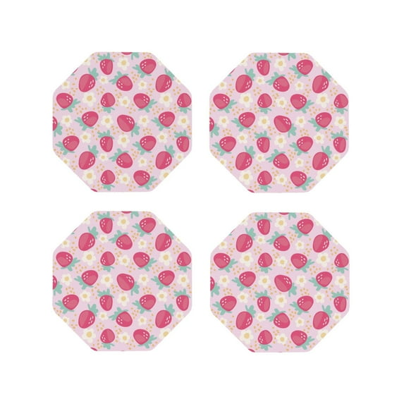 Pofeuu Floral Strawberr Print Coasters for Drinks, 4Pack PU Leather Coasters, Bar Drink Coasters for Tabletop Protection, Furniture from Damage-Octagon