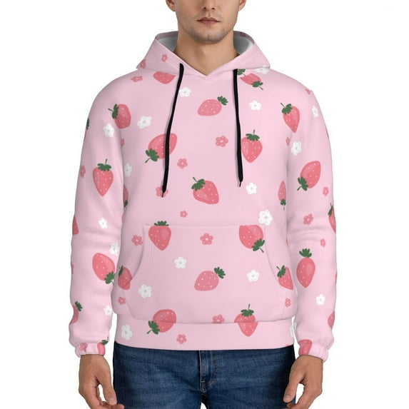 Pofeuu Floral Strawberr Print Mens Casual Hooded Collar Drawstring Hoodies Pullover Sweatshirts Casual Long Sleeve Shirts-4X-Large