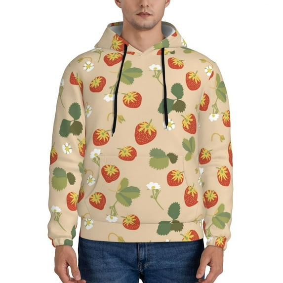 Pofeuu Floral Strawberr Print Mens Casual Hooded Collar Drawstring Hoodies Pullover Sweatshirts Casual Long Sleeve Shirts-X-Large