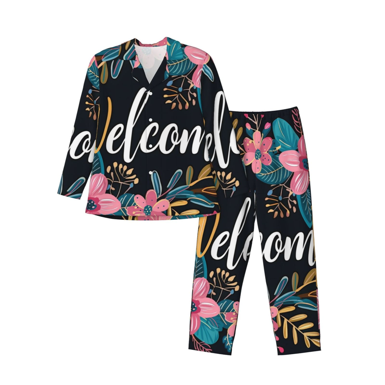 Pyjamas Signs Pofeuu Floral Welcome Sign Print Men's Long Sleeve Pajama Set Pijamas ...