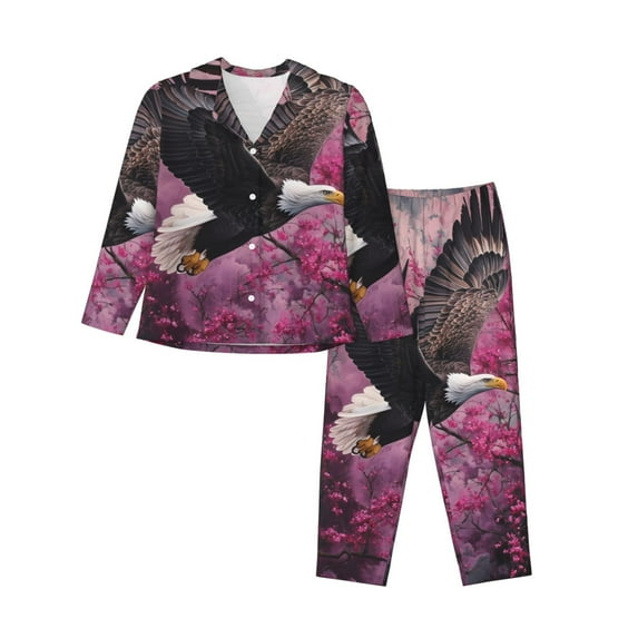 Pofeuu Flower Bald Eagle Print Womens Pajamas Set Long Sleeve Sleepwear Button Down Nightwear Soft Pj Lounge Sets Button Down Pajamas Women-Medium