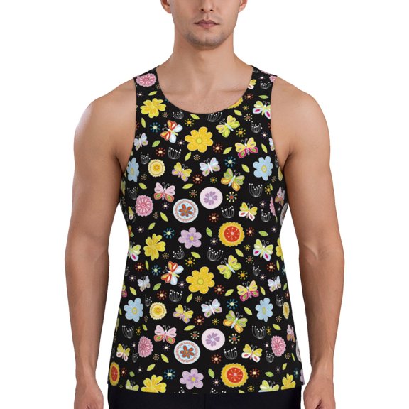 Pofeuu Flower Butterfly Print Men's Workout Tank Tops Sleeveless Muscle Gym Shirt Quick Dry-3X-Large