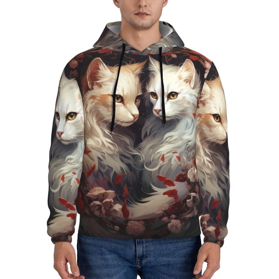 Pofeuu Flower Cat Couple Print Mens Casual Hooded Collar Drawstring Hoodies Pullover Sweatshirts Casual Long Sleeve Shirts-XX-Large