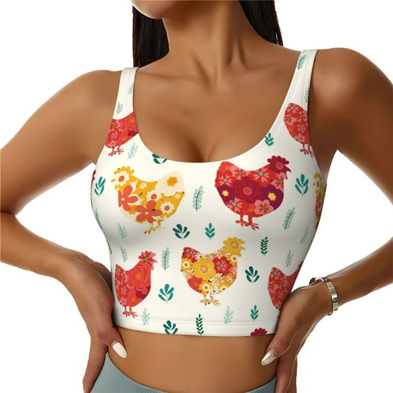 Pofeuu Flower Chicken Print Sports Bra for Women Sexy Vest Yoga Running Gym Fitness Crop Bras Tops-X-Large