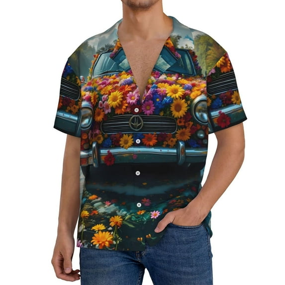 Pofeuu Flower Covered Vintage Car Print Mens Casual Short Sleeve Shirts Beach Summer Spread Collar Pocket Tops Men's Casual Short-sleeved Shirt-X-Large
