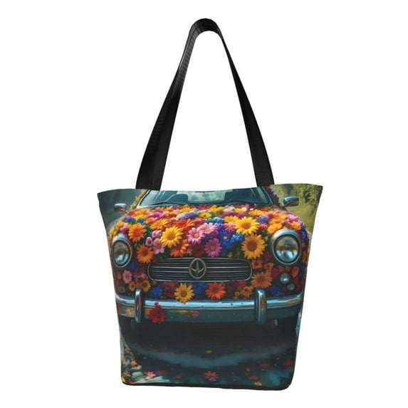 Pofeuu Flower Covered Vintage Car Print Women Fashion Shoulder Handbags Top Handle Satchel Bags Tote Shoulder Shopping Bag Stylish Canvas Tote Bag