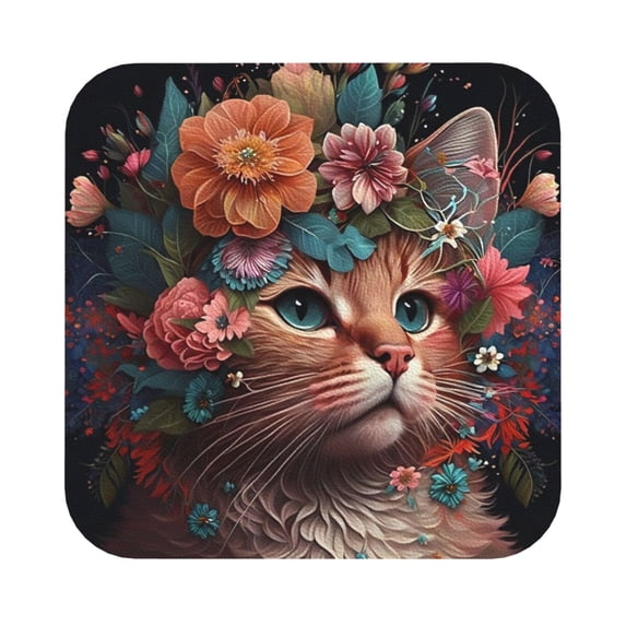 Pofeuu Flower Crown Cat Print Leather Coasters Set of 6, Round Cups Mugs Mat Pad for Home Kitchen Heat Resistant Drink Coasters,Square